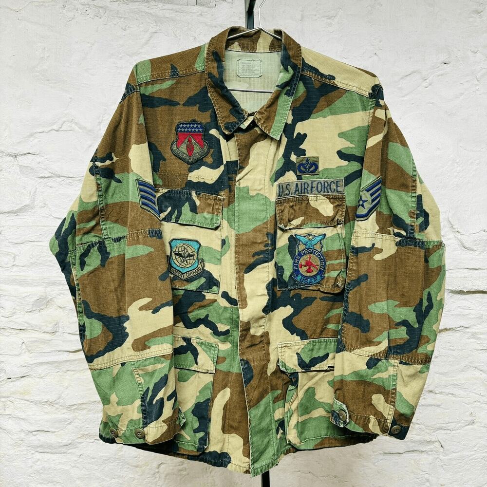 US Army USAF Airforce M81 BDU Combat Patches Shirt Ripstop Woodland Camo Vintage